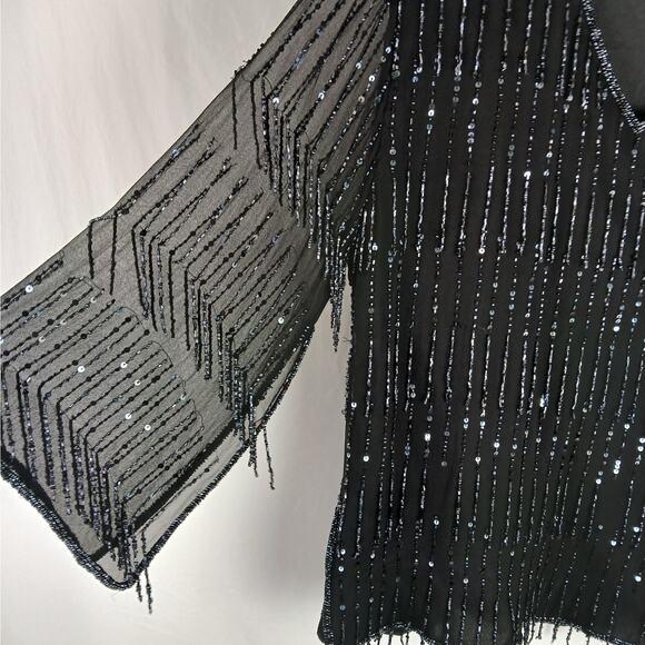 Papell Studio SZ M 100% Silk Beaded V-Neck Blouse Black - Picture 7 of 7